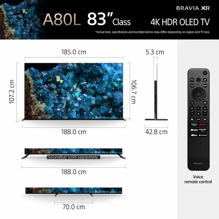 83" A80L | BRAVIA XR | OLED | 4K Ultra HD | High Dynamic Range (HDR) | Smart TV (Google TV),  83" A80L | BRAVIA XR | OLED | 4K Ultra HD | High Dynamic Range (HDR) | Smart TV (Google TV), , product-image