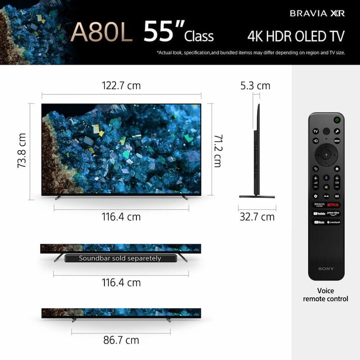 55" A80L | BRAVIA XR | OLED | 4K Ultra HD | High Dynamic Range (HDR) | Smart TV (Google TV),  55" A80L | BRAVIA XR | OLED | 4K Ultra HD | High Dynamic Range (HDR) | Smart TV (Google TV), , product-image
